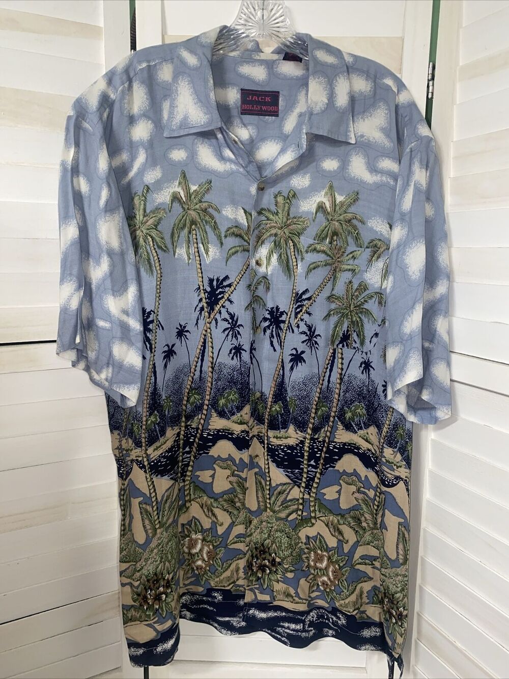 Jack Hollywood Men’s Hawaiian Aloha Shirt Blue Tropical Palms 100% Rayon X-Large